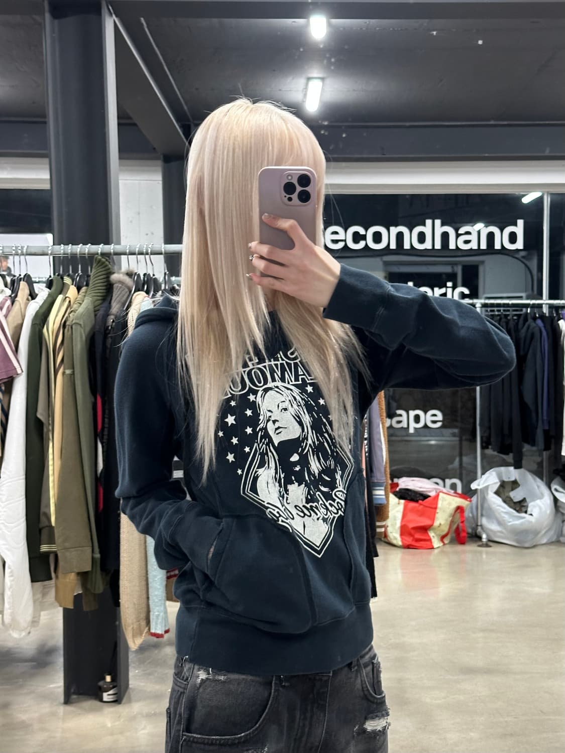 히스테릭 글래머 rock me baby 히스걸 네이비 후드 긴팔 슬리브 상품이미지1