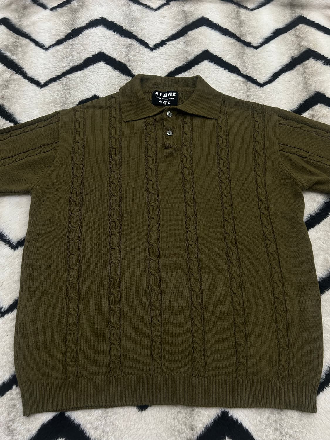 [M]엑스톤즈 오버핏 꽈배기 카라 반팔니트/카키 상품이미지3