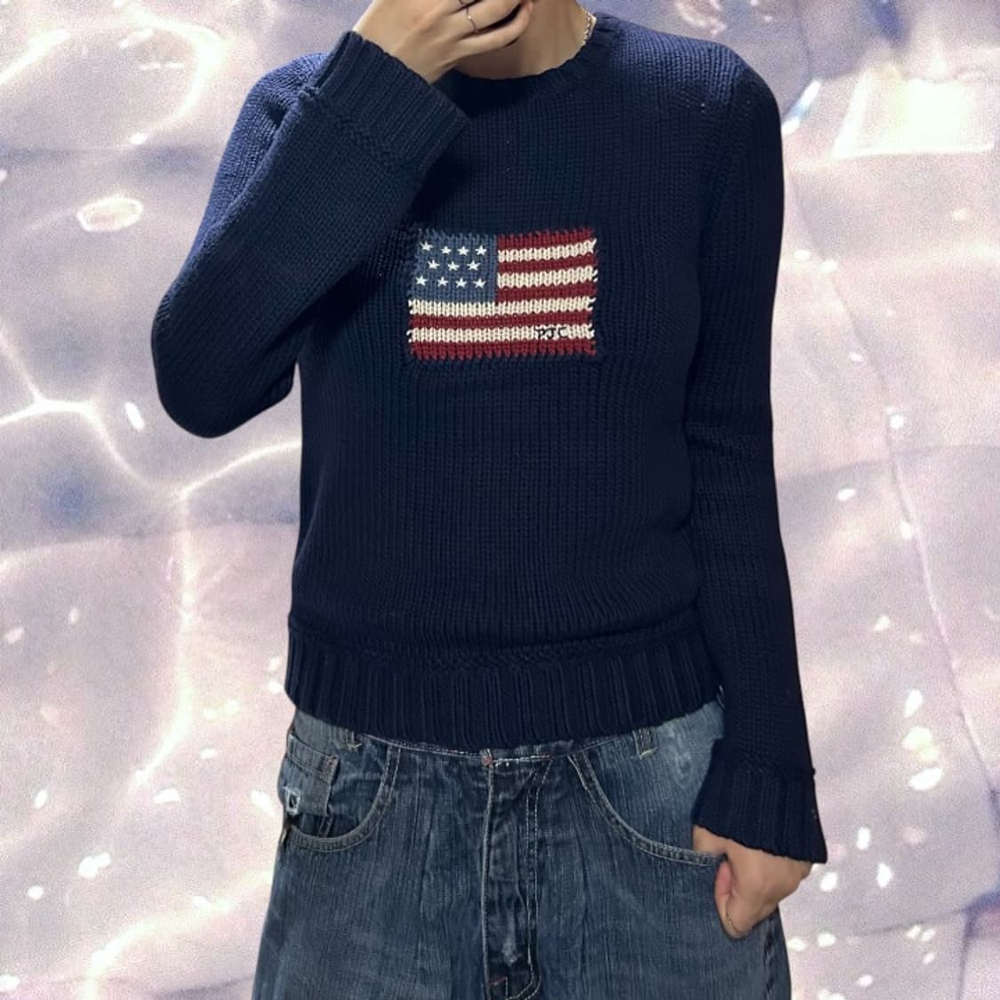 90s 폴로 랄프로렌 폴로 진스 빈티지 미국 국기 성조기 니트 네이비 S 상품이미지1