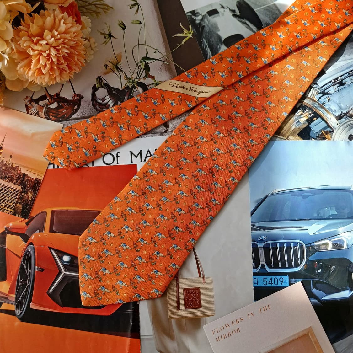페라가모 실크 오렌지 행운 모티브 넥타이 9.5cm A+등급 A19614 상품이미지4