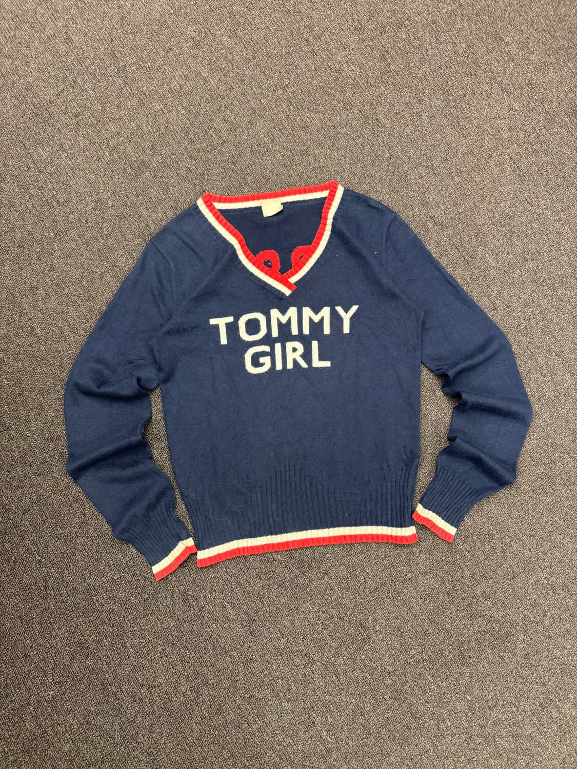 S)Tommy Girl 빈티지 배색 네이비 브이넥 여성 니트 상품이미지1