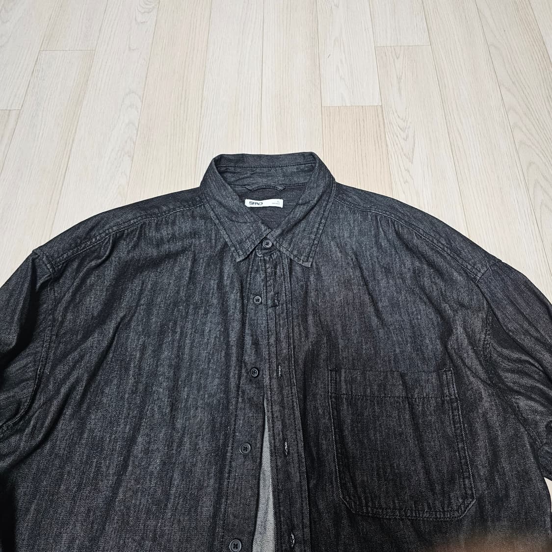 XL(약105)스파오 오버핏 데님 셔츠 긴팔 남방 블랙 데님 흑청 상품이미지4