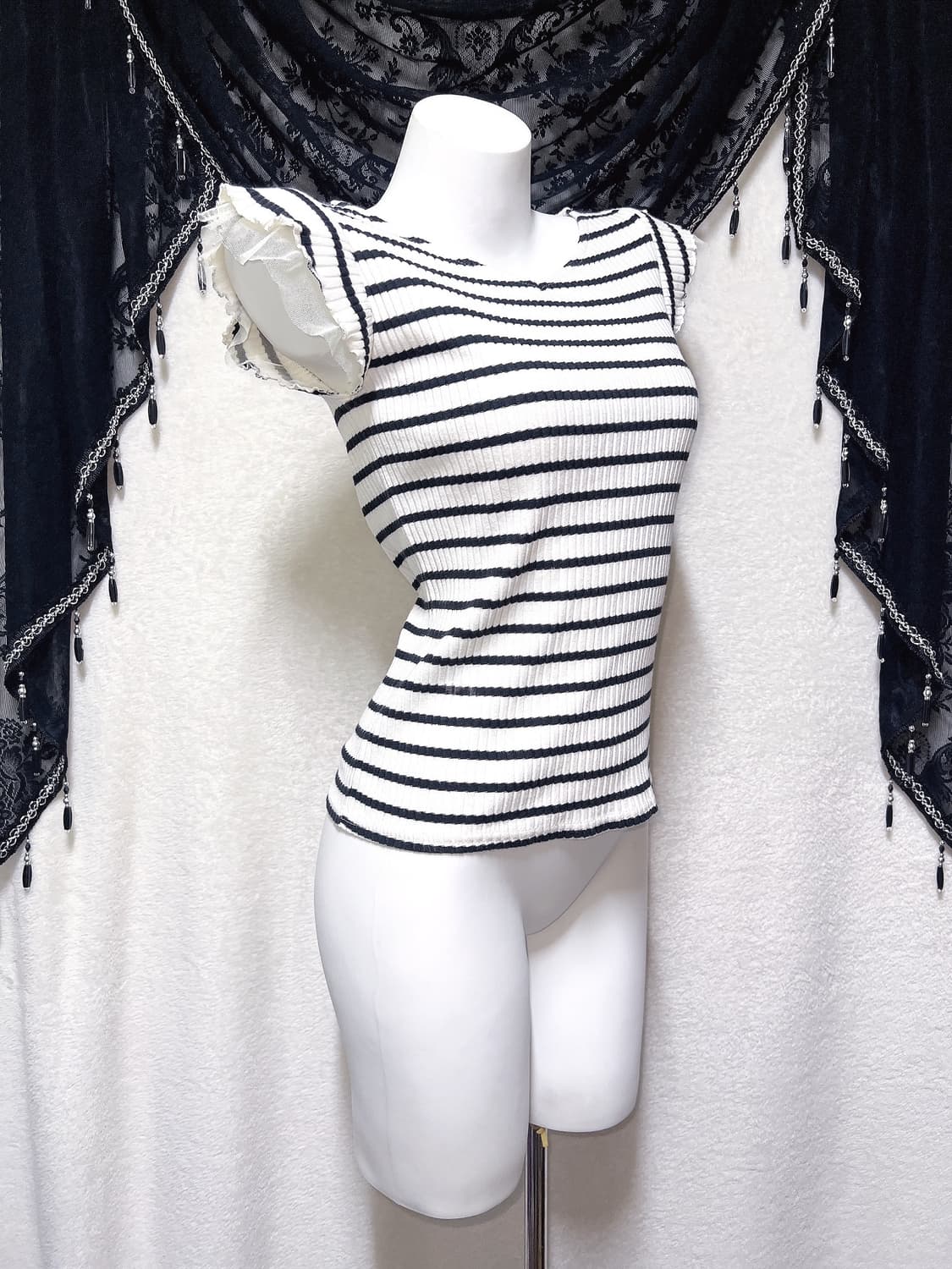 로맨틱갸루 스트라이프 프릴레이스 반팔 로걀탑 베메클 히메 오네 헤이세이 상품이미지3