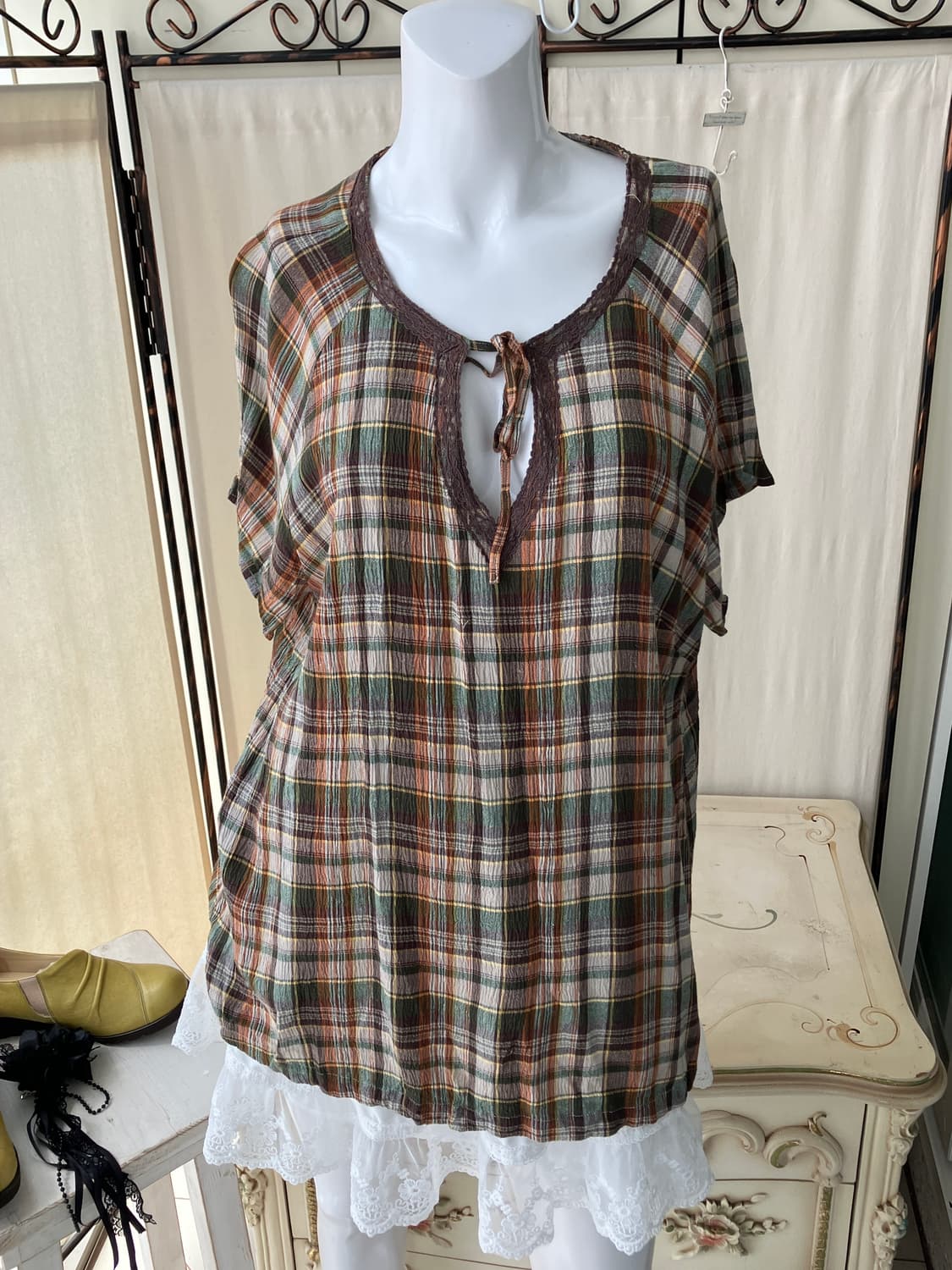 mori check lace slit blouse 상품이미지1