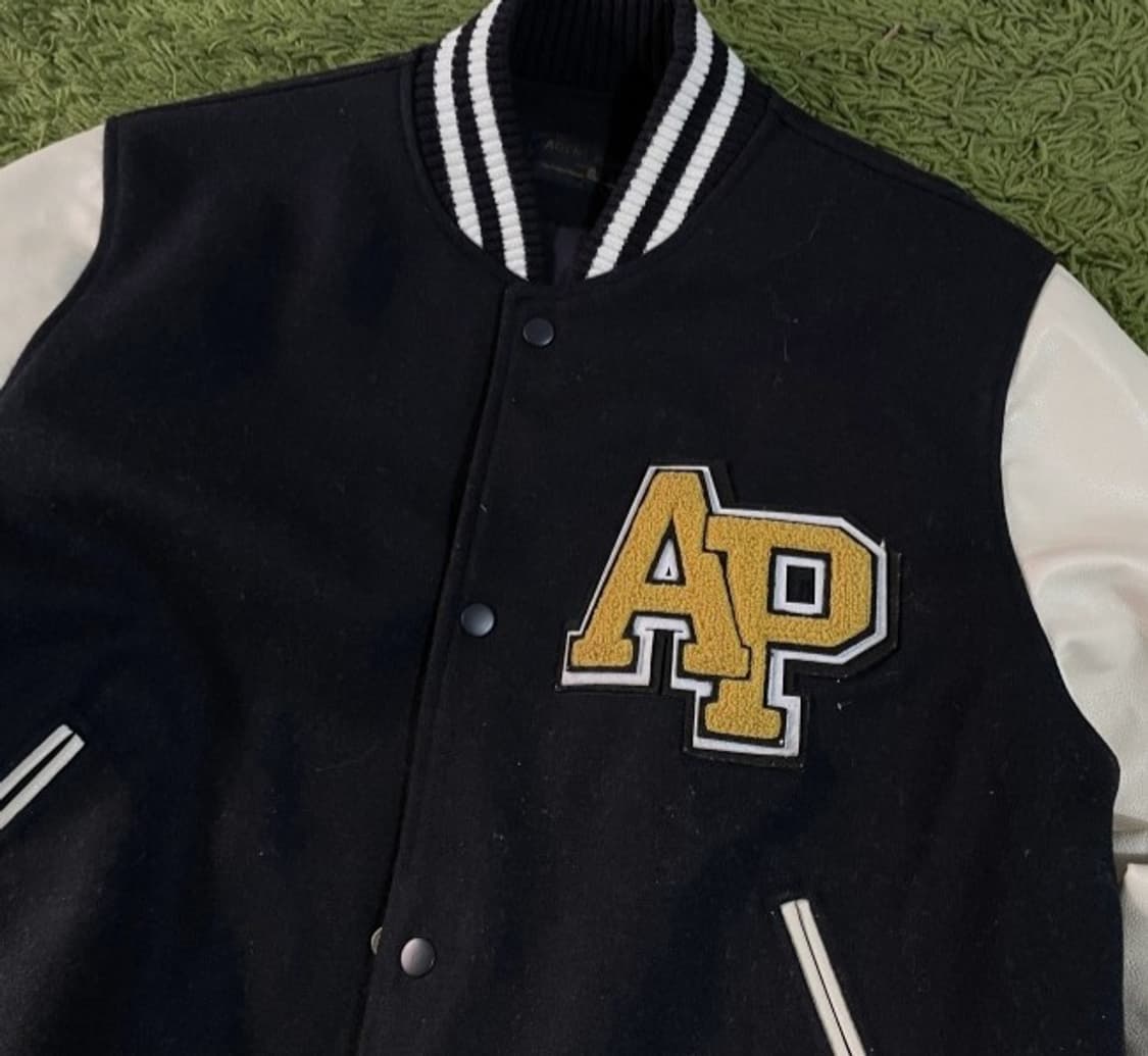 빈티지 블랙 레더 소매 야구 점퍼 AP 패치 100/L 상품이미지2