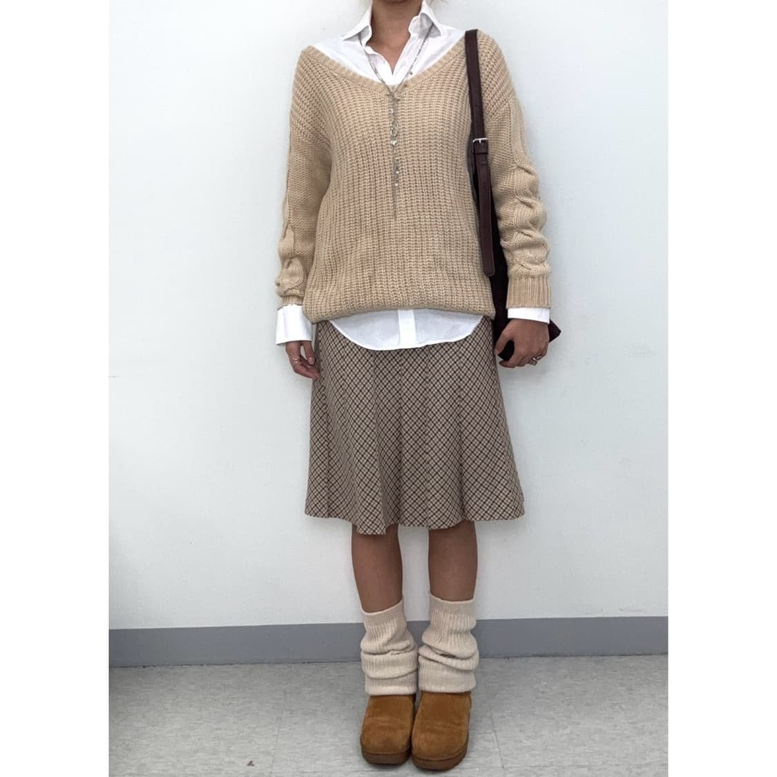 빈티지 울100% 브라운 미디 스커트 상품이미지1