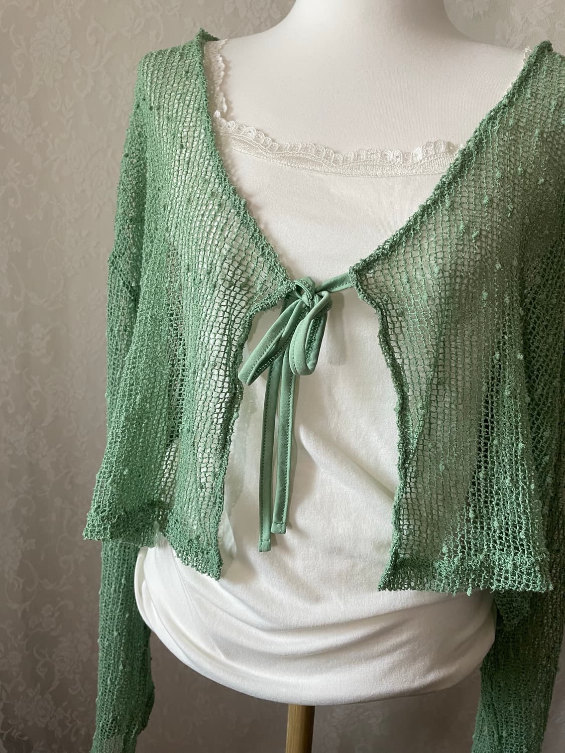 연두 시스루 니트 가디건 (리본 / 크롭 / 레이어드) 상품이미지3