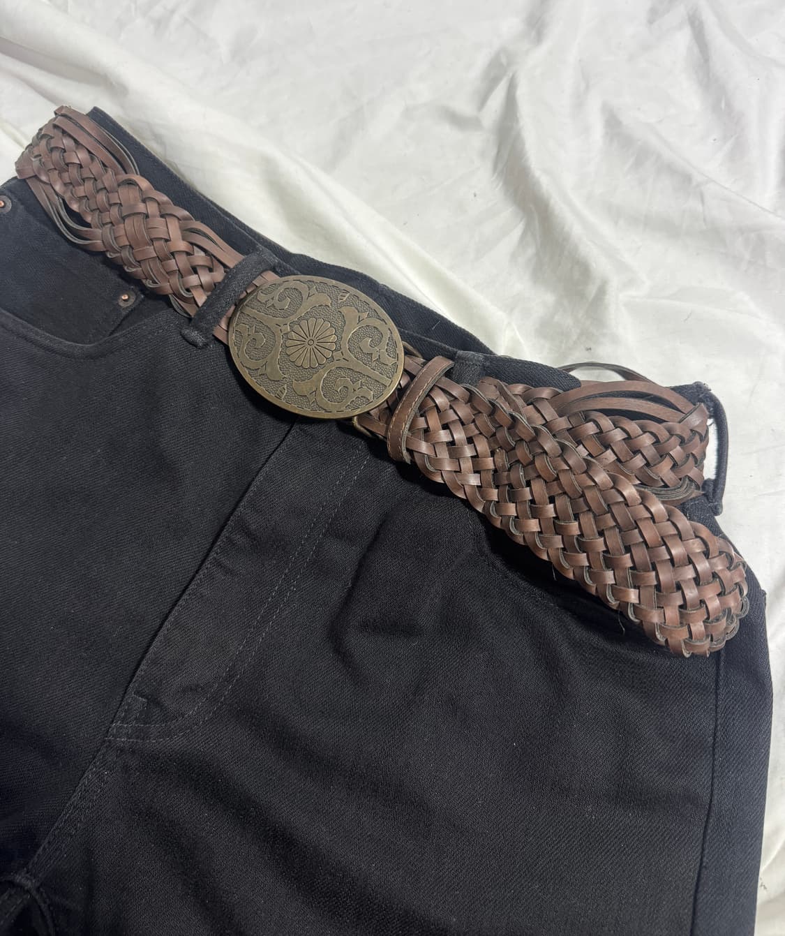 빈티지 웨스턴 오벌 버클 브레이드 레더 벨트 상품이미지1