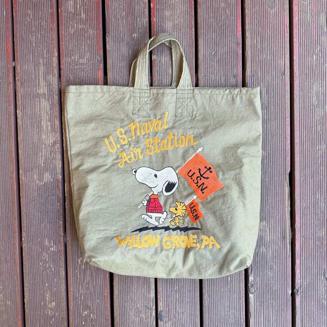 스누피 U.S.N.A.S 토트백 카키 상품이미지1