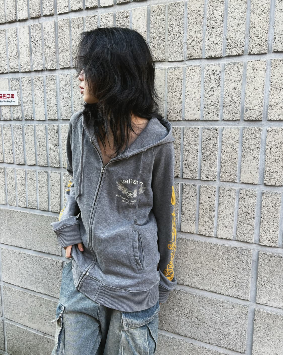 밴슨 그레이 자수&프린팅 후드집업 상품이미지5