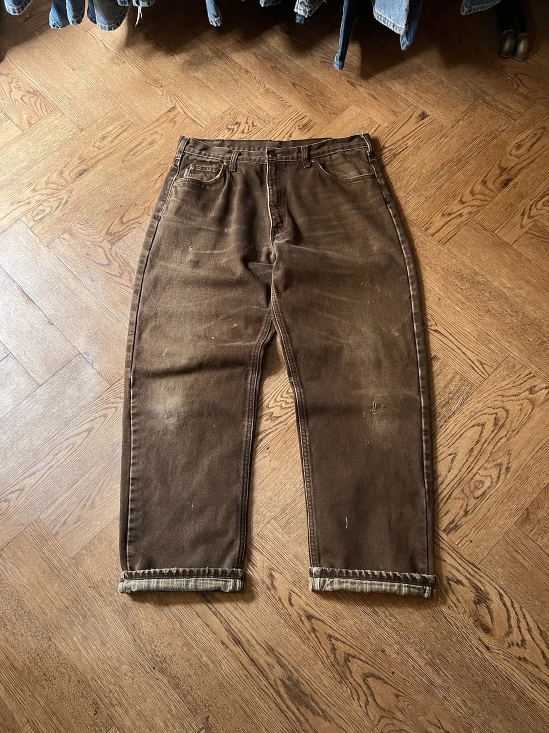 [36]칼하트 USA 체크 라이닝 빈티지 워싱 다크브라운 워크 데님 팬츠 상품이미지1