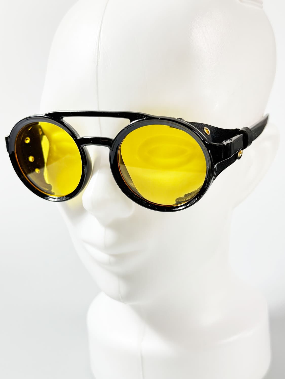 90s 블랙 더블 브릿지 레더 쉴드 라운드 고글 빈티지 틴트 선글라스 상품이미지8