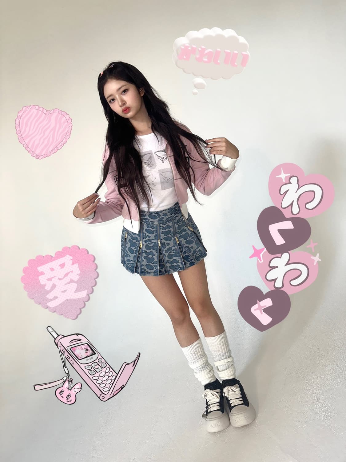 베이프 에이프 문페이스 패턴 데님 플리츠 미니 스커트 상품이미지2