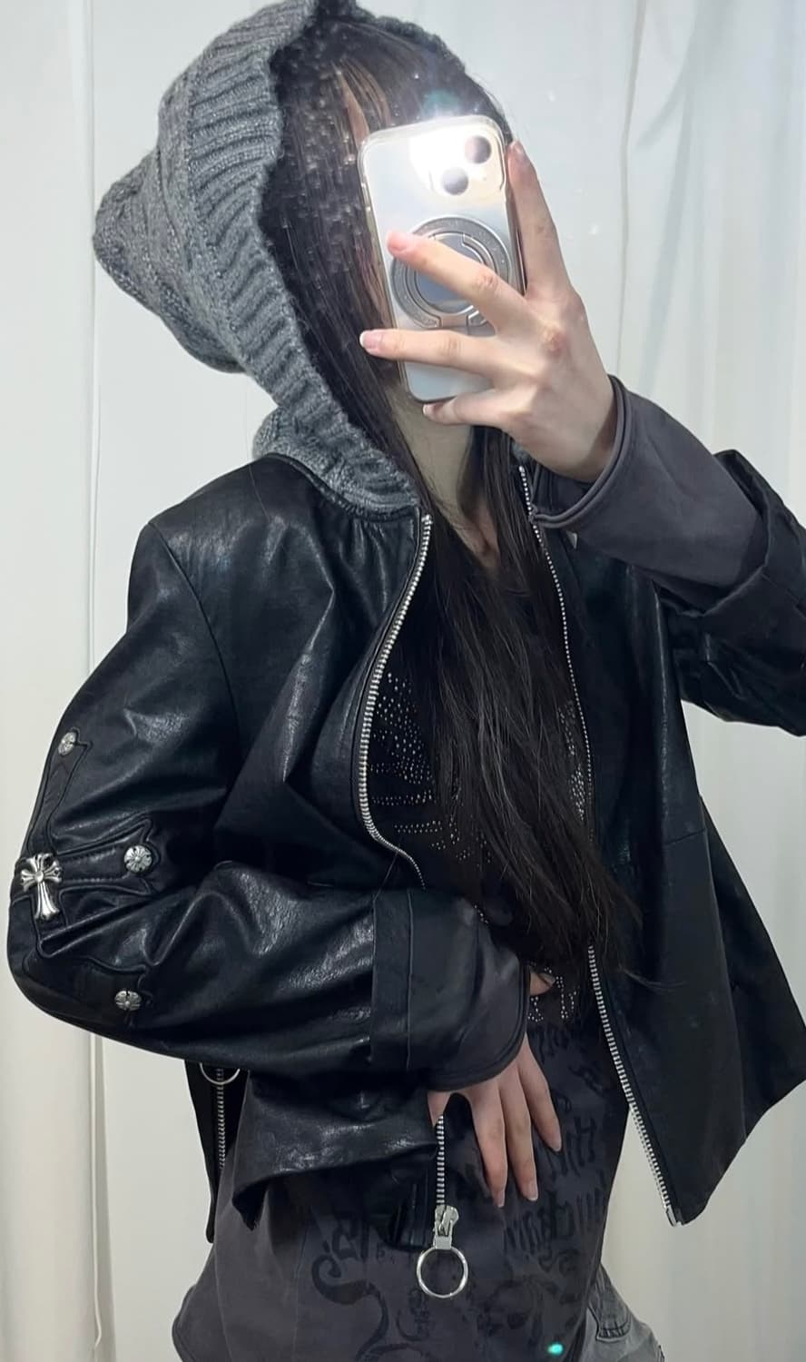 리피나 후드 레더 자켓 상품이미지2