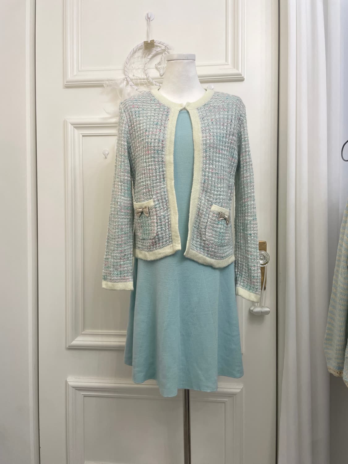 mint tweed bow point lovely cardigan 상품이미지2