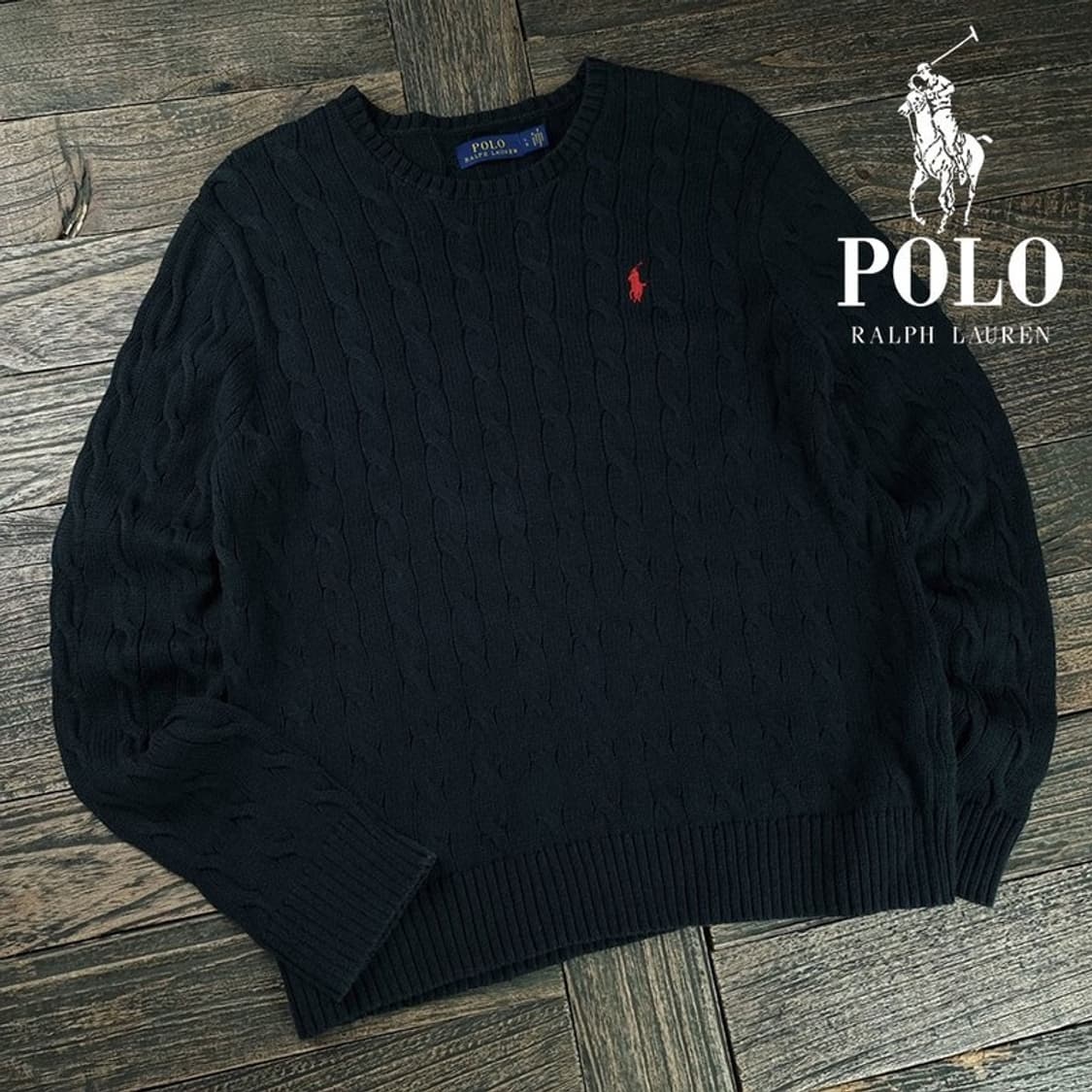 [폴로 랄프로렌] 포니 로고 자수 케이블 꽈배기 니트 블랙 M19874 상품이미지1