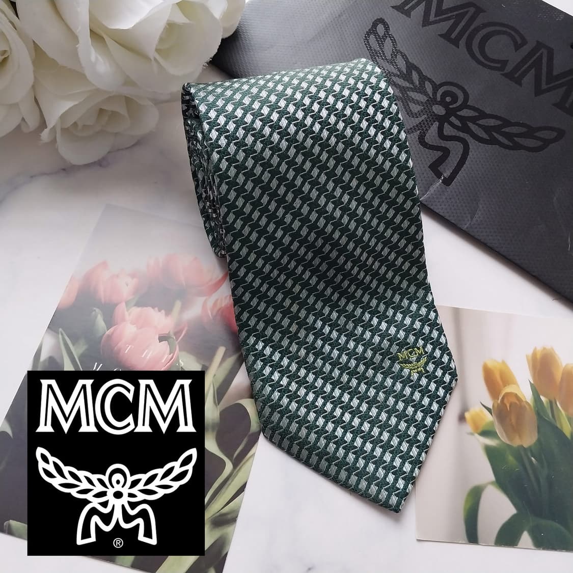 MCM 엠씨엠 실크 그린 패턴 넥타이 8.8cm A+등급 K2773 상품이미지1