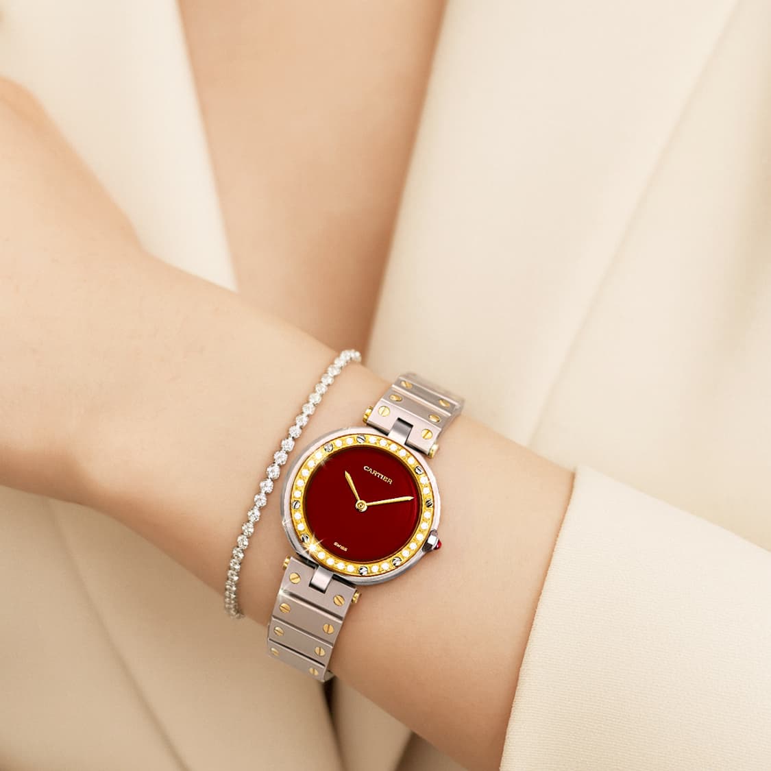 까르띠에 산토스 희귀 와인 다이얼 여성용 콤비 다이아 시계 상품이미지2