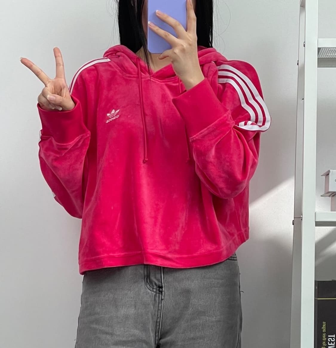 [S] 아디다스 핑크 벨벳 크롭 후드티 상품이미지1