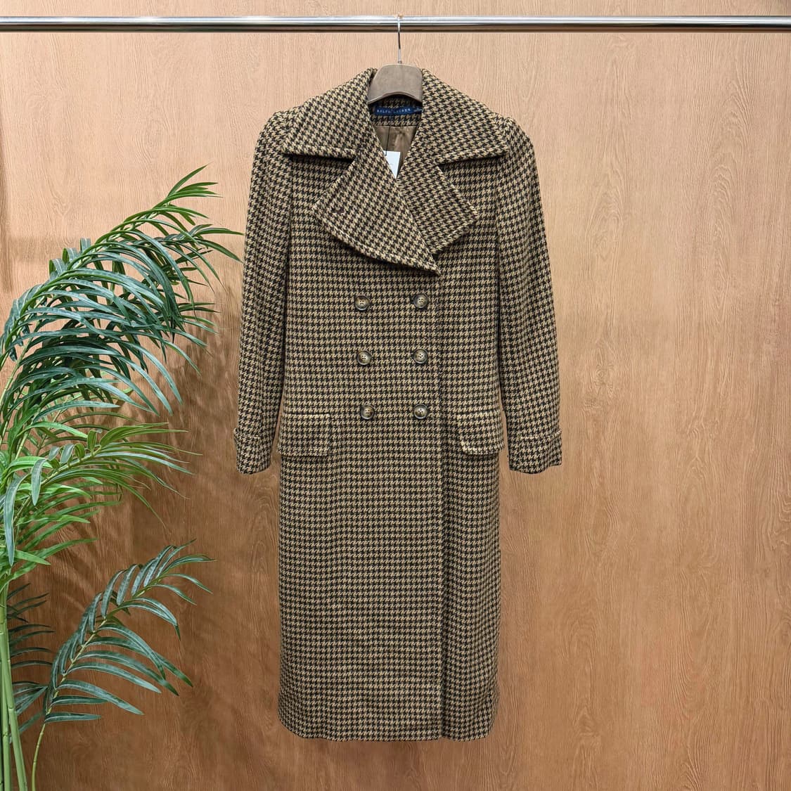 랄프로렌 더블 브레스티드 롱 코트 클래식 하운드투스 패턴 디테일 브라운 상품이미지1