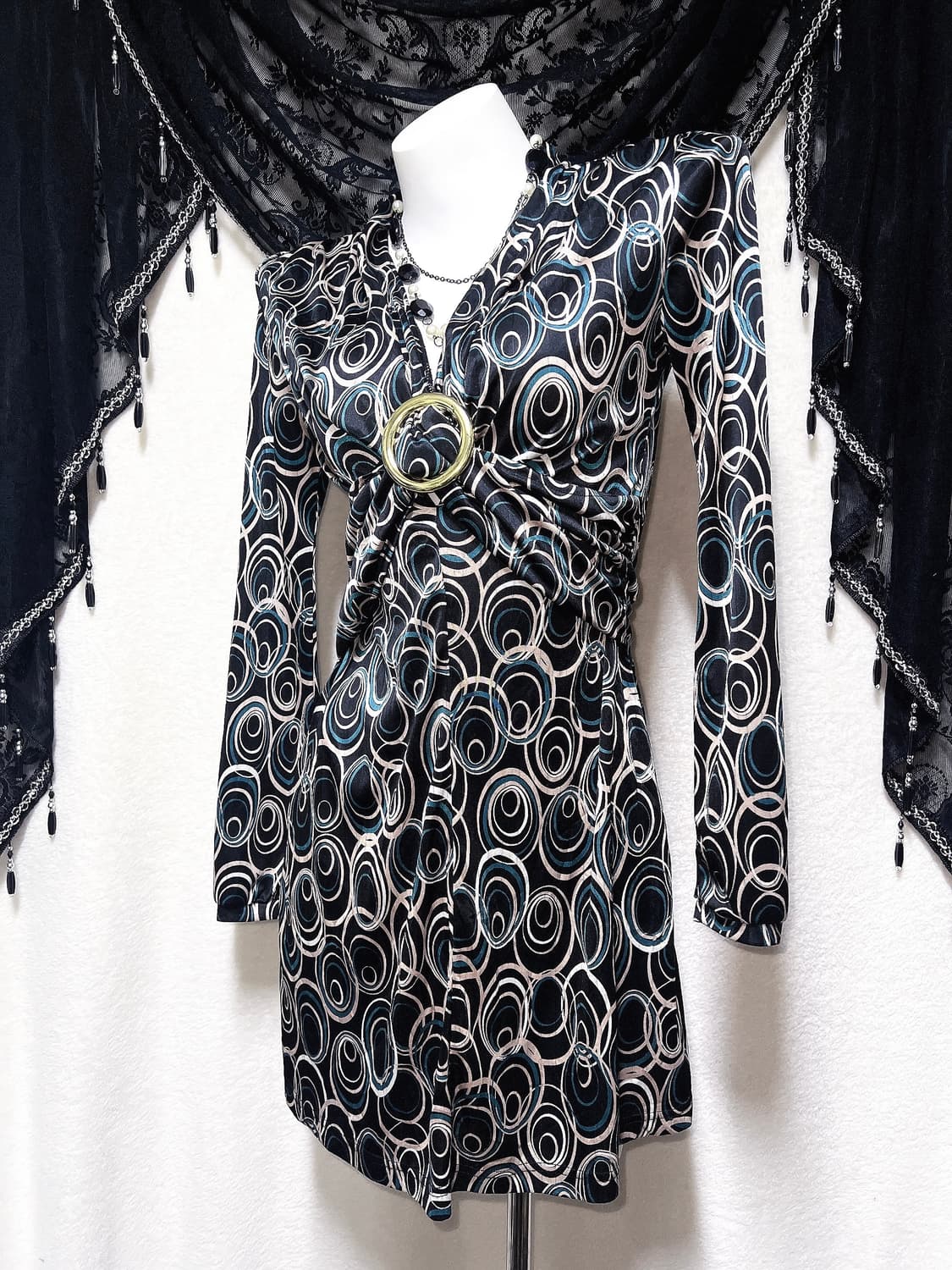 오네갸루 섹시 히메 기하학패턴 새틴 오링 미니원피스 헤이세이 시부야 펑크 상품이미지3