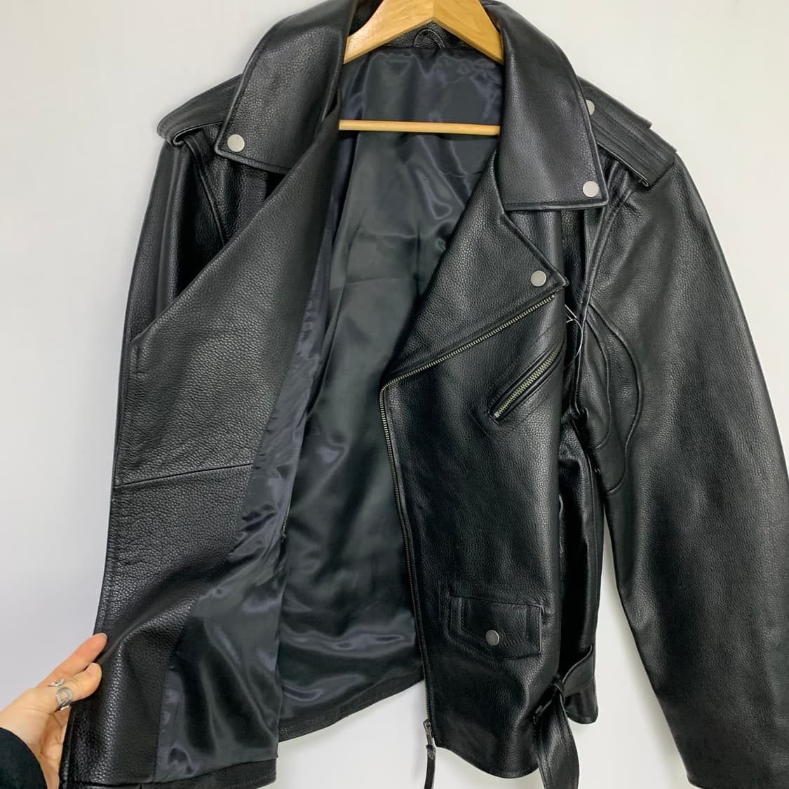 빈티지 사선 지퍼 벨트 리얼레더 라이더 자켓 소가죽 블랙 L 상품이미지4