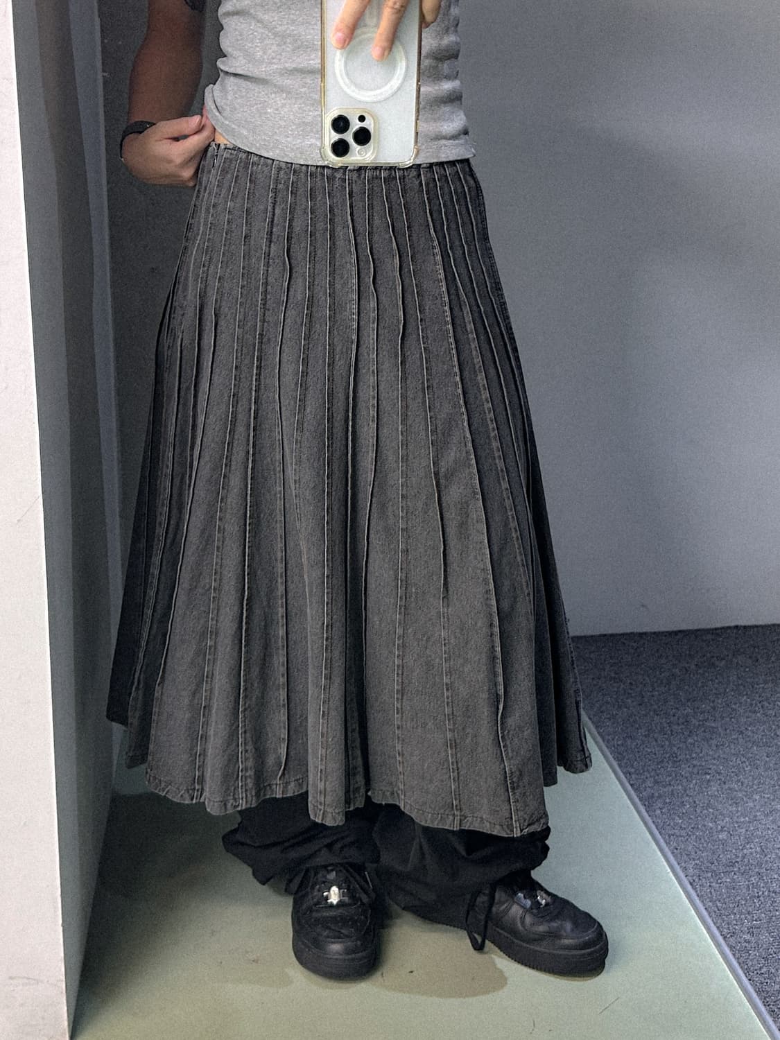 gray denim pleats skirt 상품이미지1