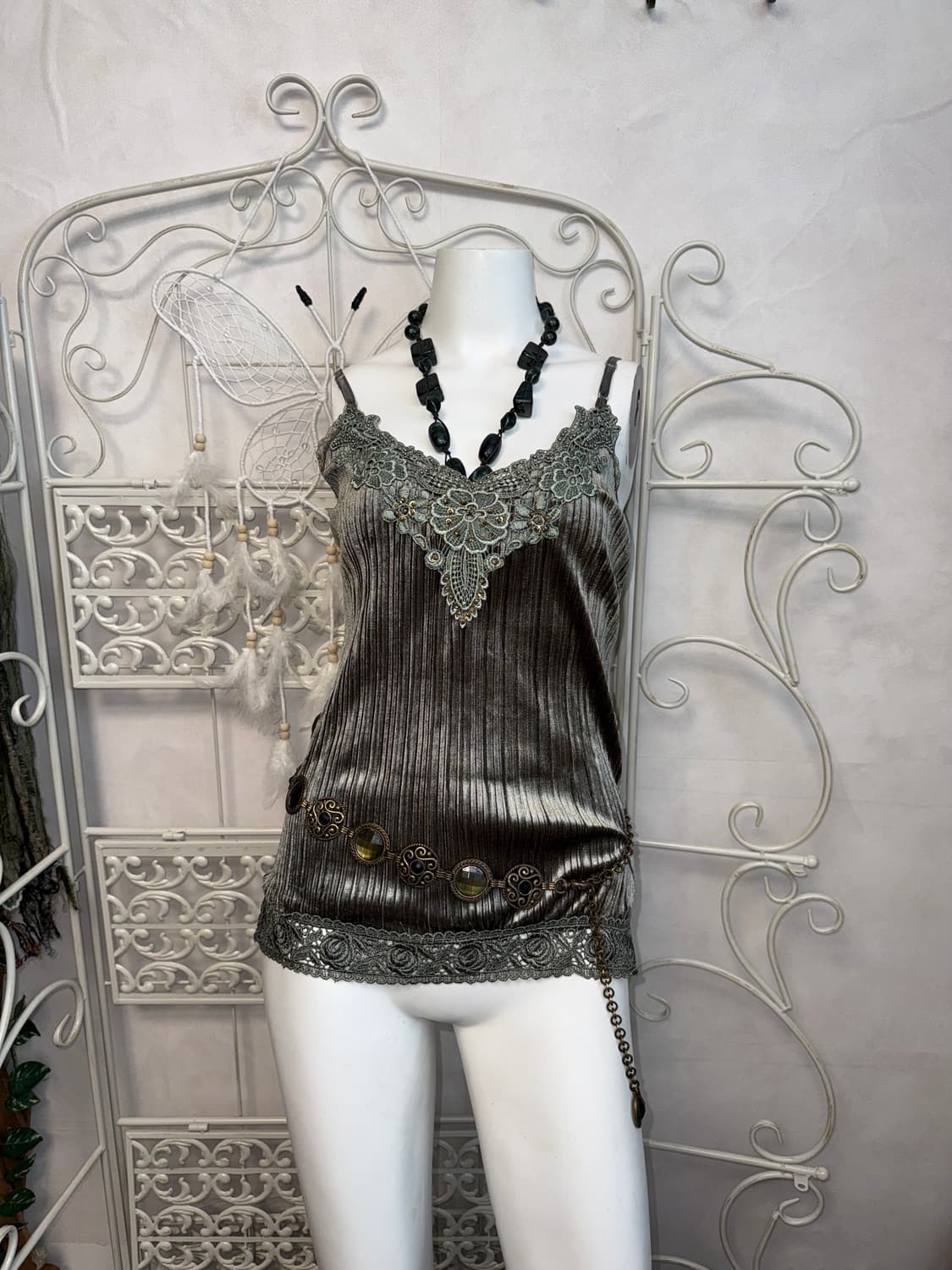 Ash khaki fairy lace velvet pleats 슬리브리스 상품이미지1
