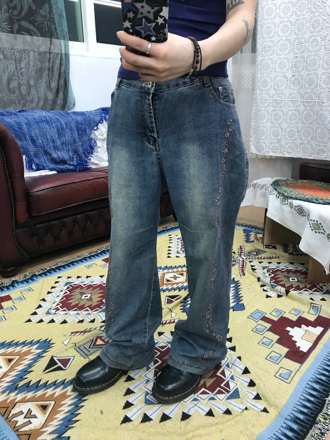 제페니즈 빈티지 여성 플라워자수 데님팬츠 상품이미지1