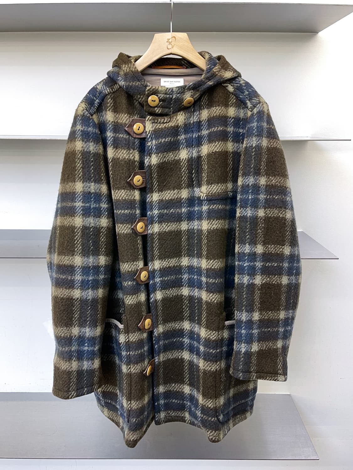드리스 반 노튼 체크 울 더플 후드 코트 상품이미지1