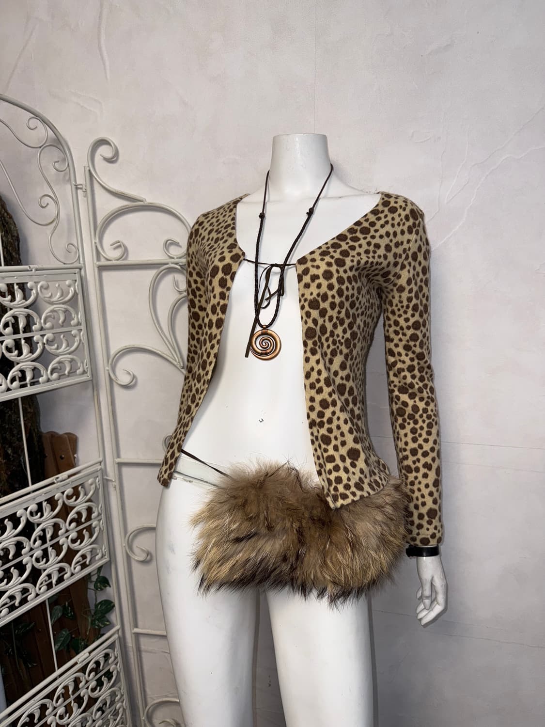 Beige brown leopard angora open cardigan 상품이미지1