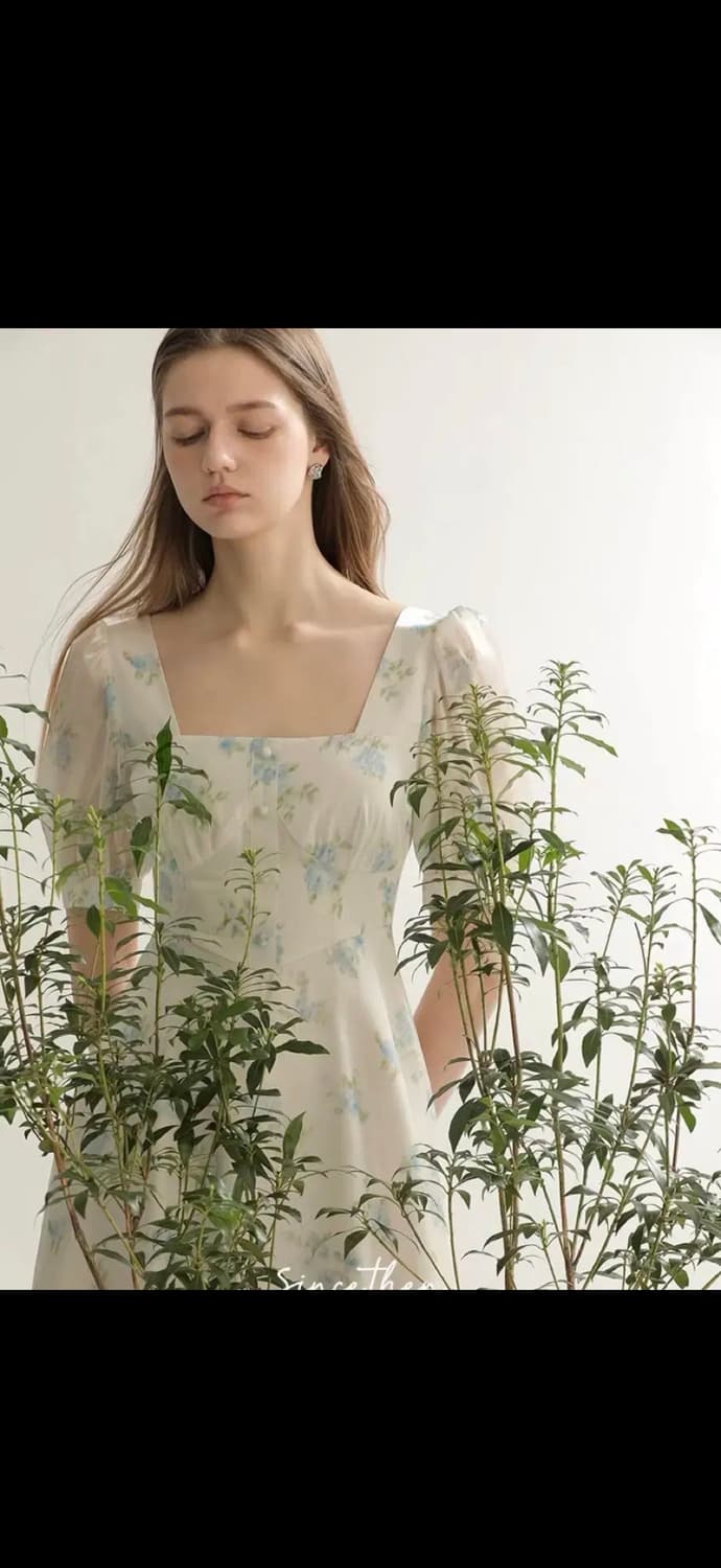 S사이즈) 신스덴 블루 플로랄 글로시 롱원피스 반팔스퀘어넥휴양지여름원피스 상품이미지5