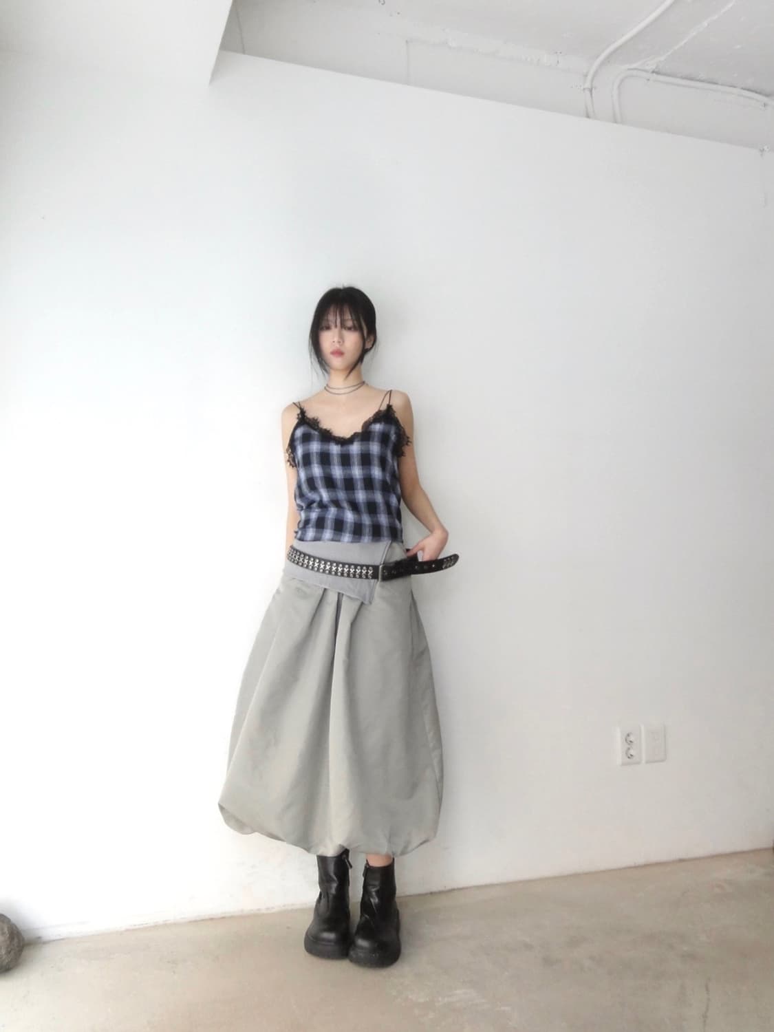 Lace check sleeveless / navy 상품이미지1