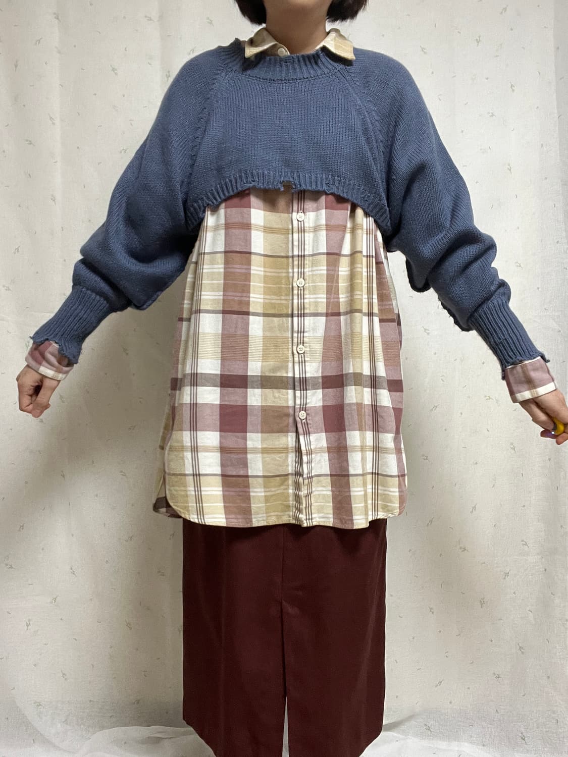 볼레로 니트+체크남방+롱H스커트 상품이미지1