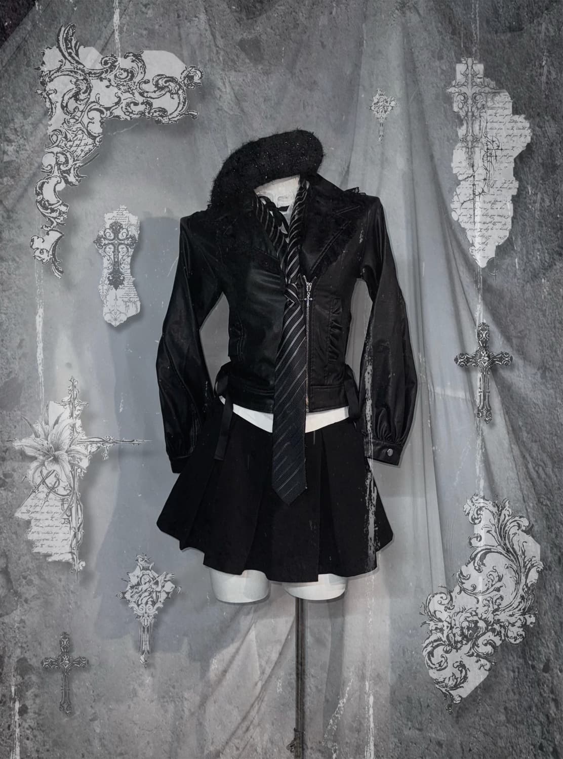 공겜여주깔 무채색 아일렛 디테일 레더 코디세트 상품이미지1