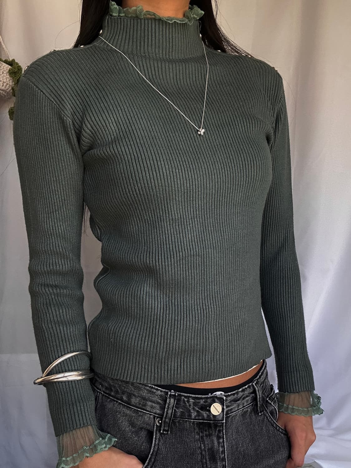 빈티지 레이스 레이어드 목폴라 니트 상품이미지2