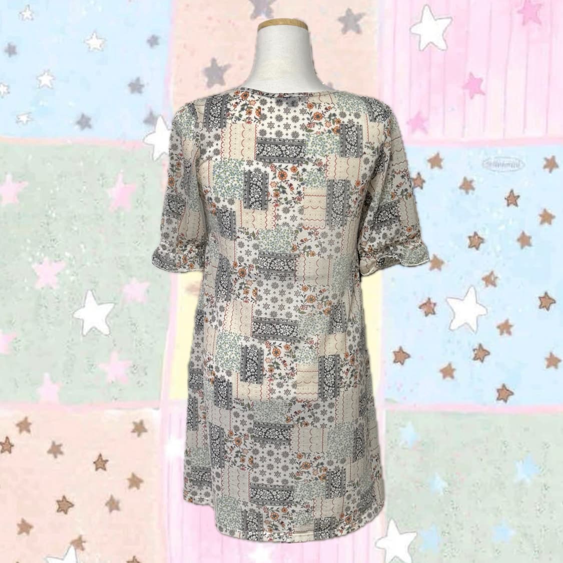 하구미 모리걸 민트 플라워 패치워크 블라우스 원피스 상품이미지3