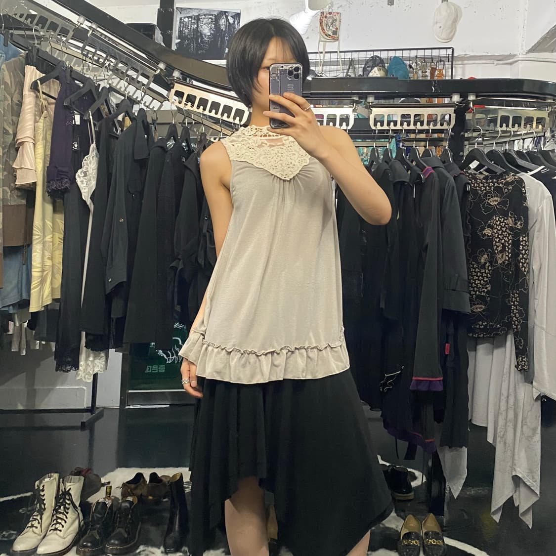 Axes femme 진주 코르셰 디테일 프릴 슬리브리스 상품이미지9