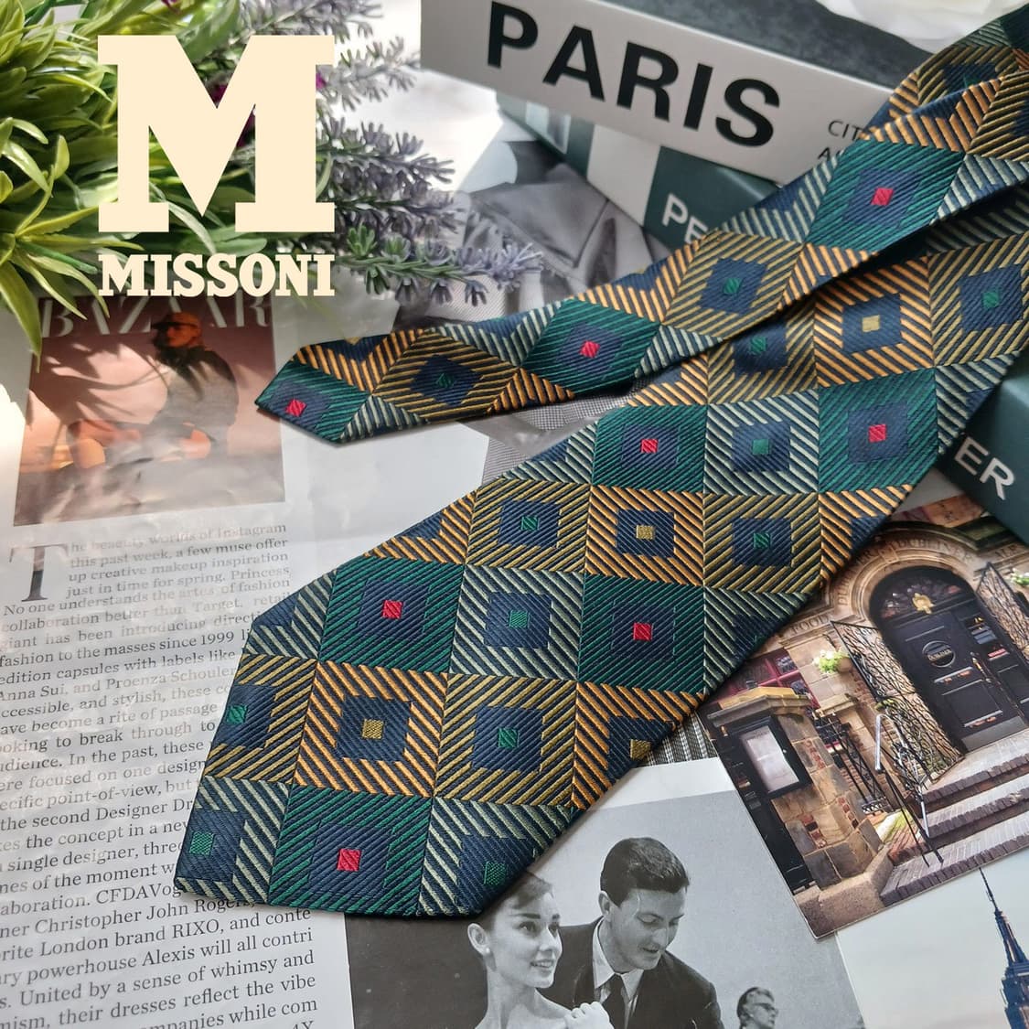 MISSONI 미쏘니 그린 기하 패턴 넥타이 9.8cm A+등급 E131 상품이미지2