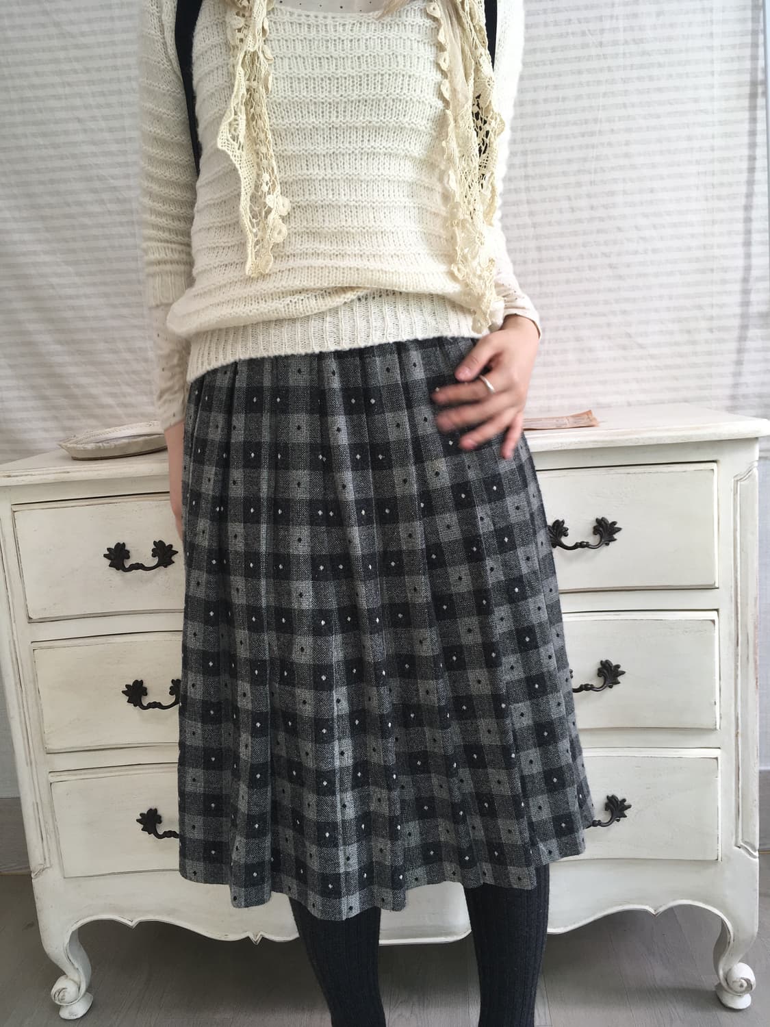jpn vintage charcoal dot check skirt 상품이미지5