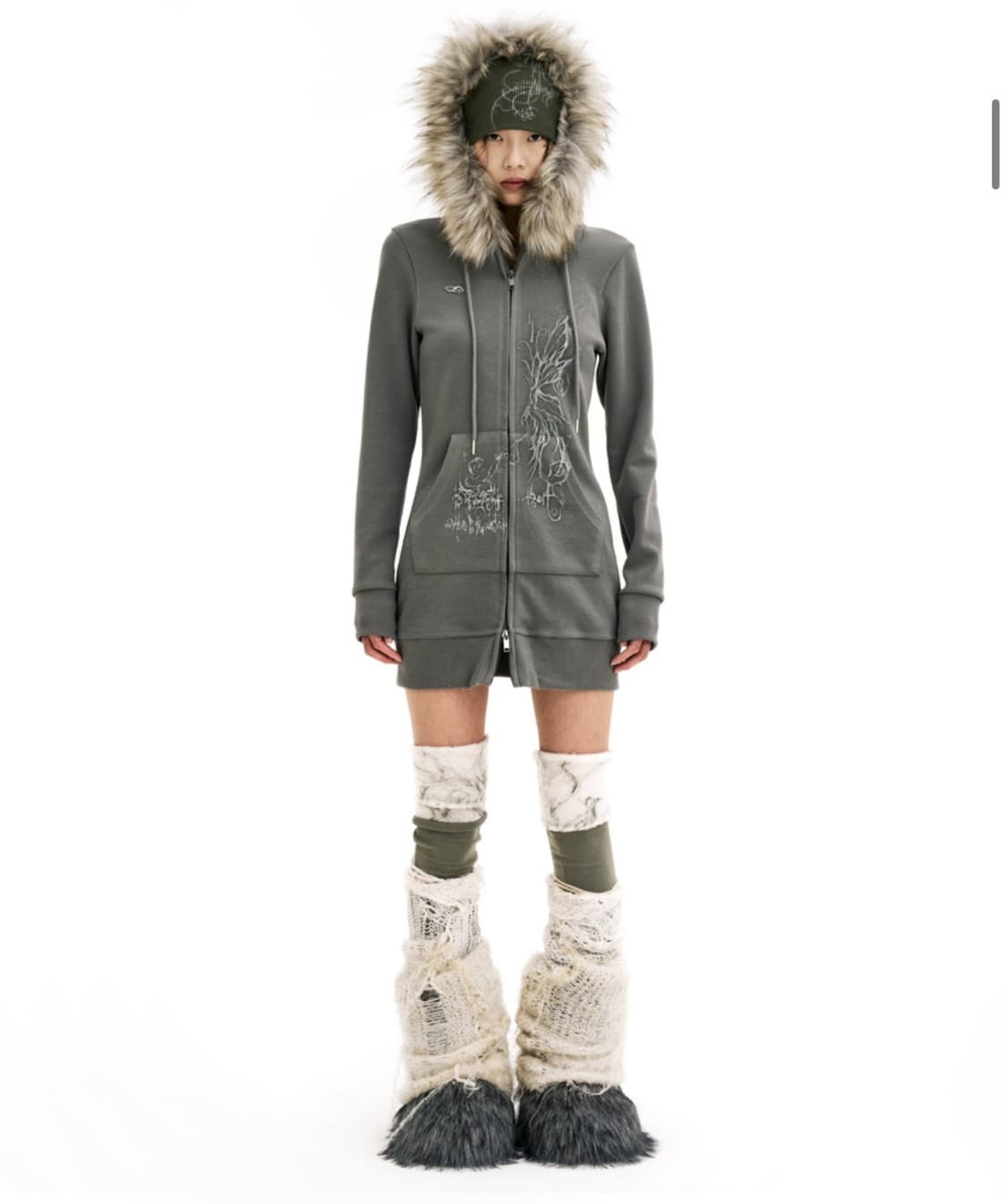 허그유어스킨 퍼 롱 후드집업(카키) 상품이미지2