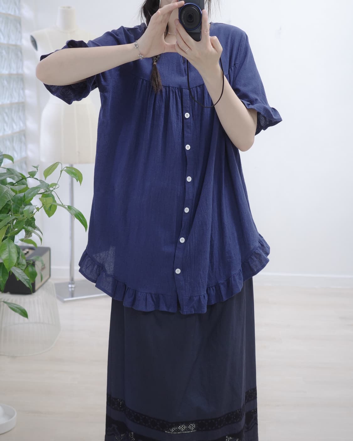 Navy Frill cotton Blouse 상품이미지5