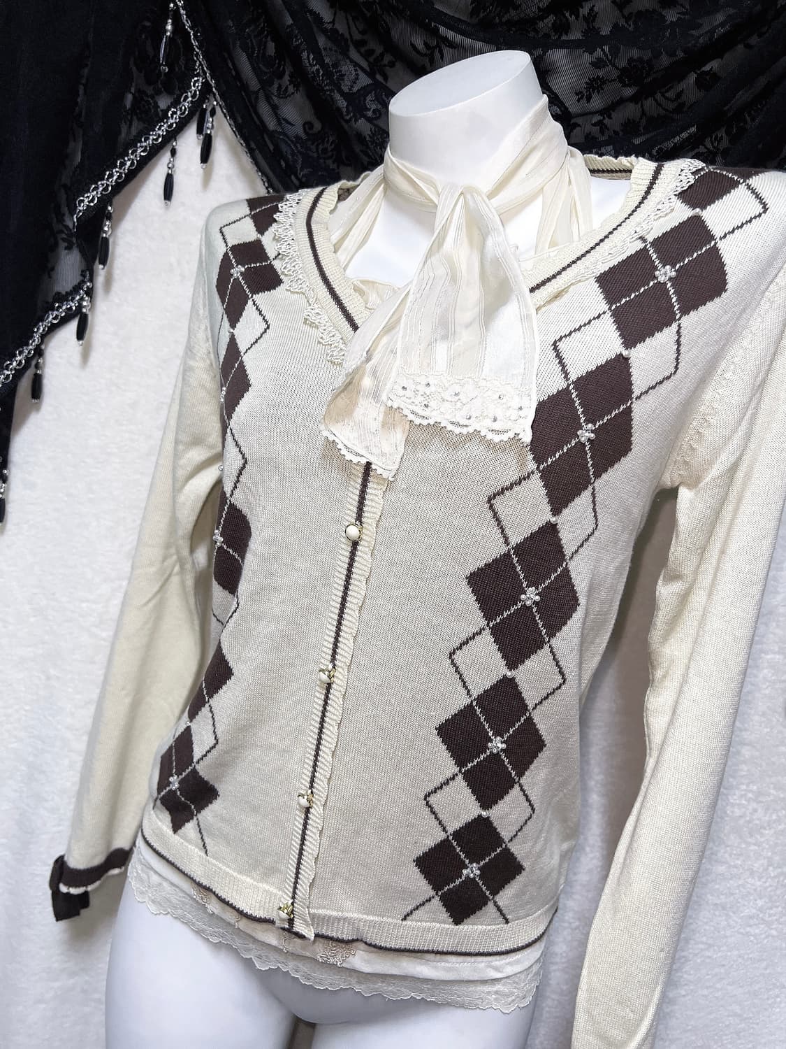 엑시즈팜 아가일 레이스 진주 리본 라떼갸루 로걀탑 니트 러블리 핀터 모리 상품이미지2