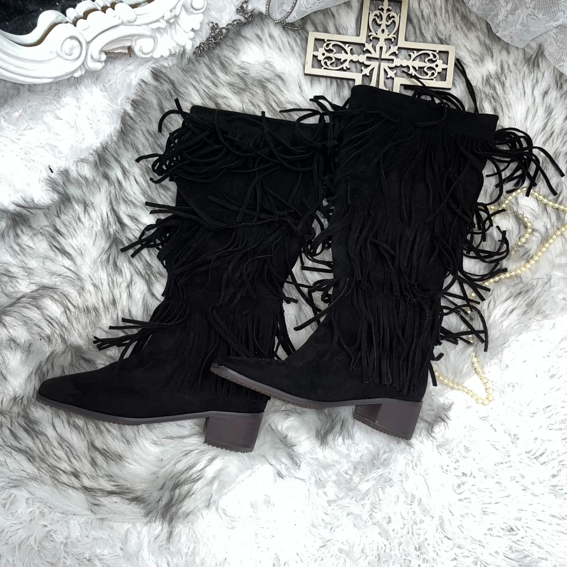 빈티지 블랙 스웨이드 프린지 스퀘어 부츠 상품이미지1