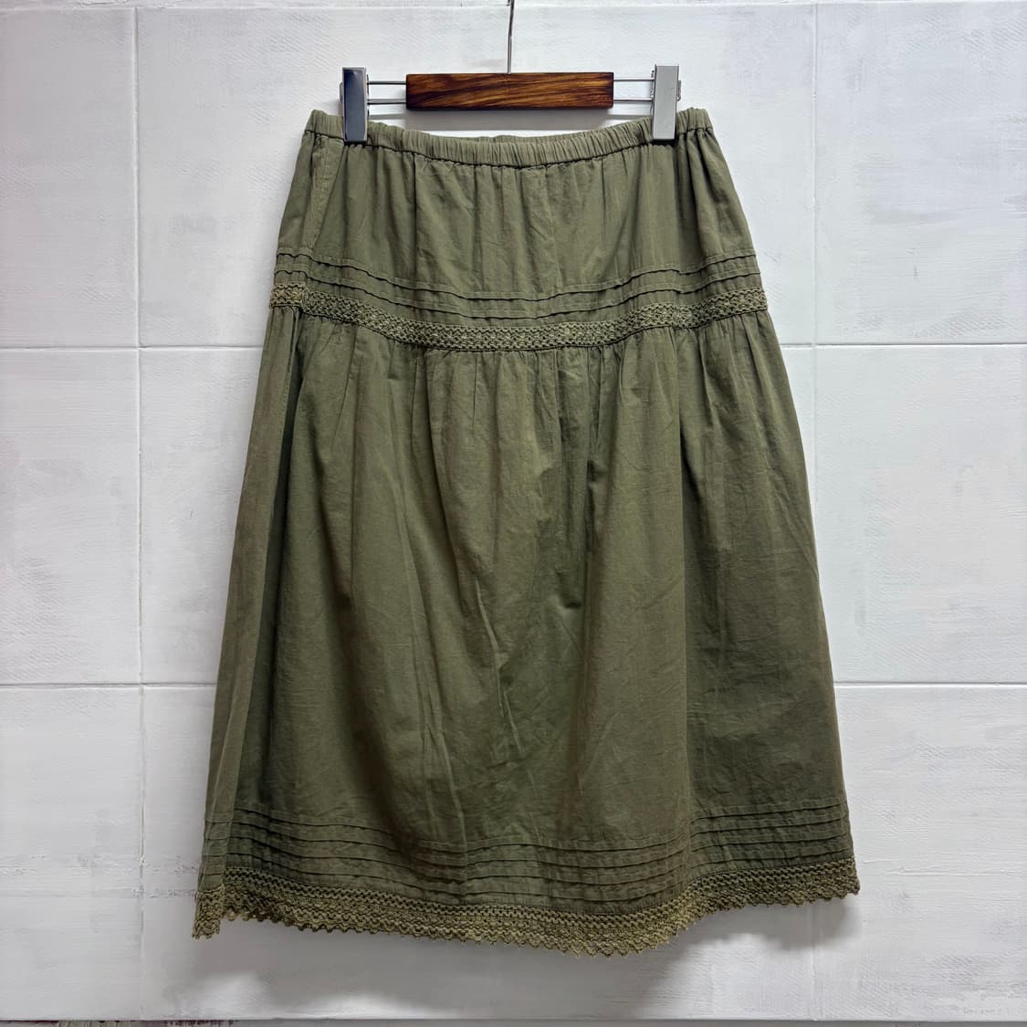 카키 캉캉 레이스 모리걸 코튼 미디 스커트 JPN 상품이미지4