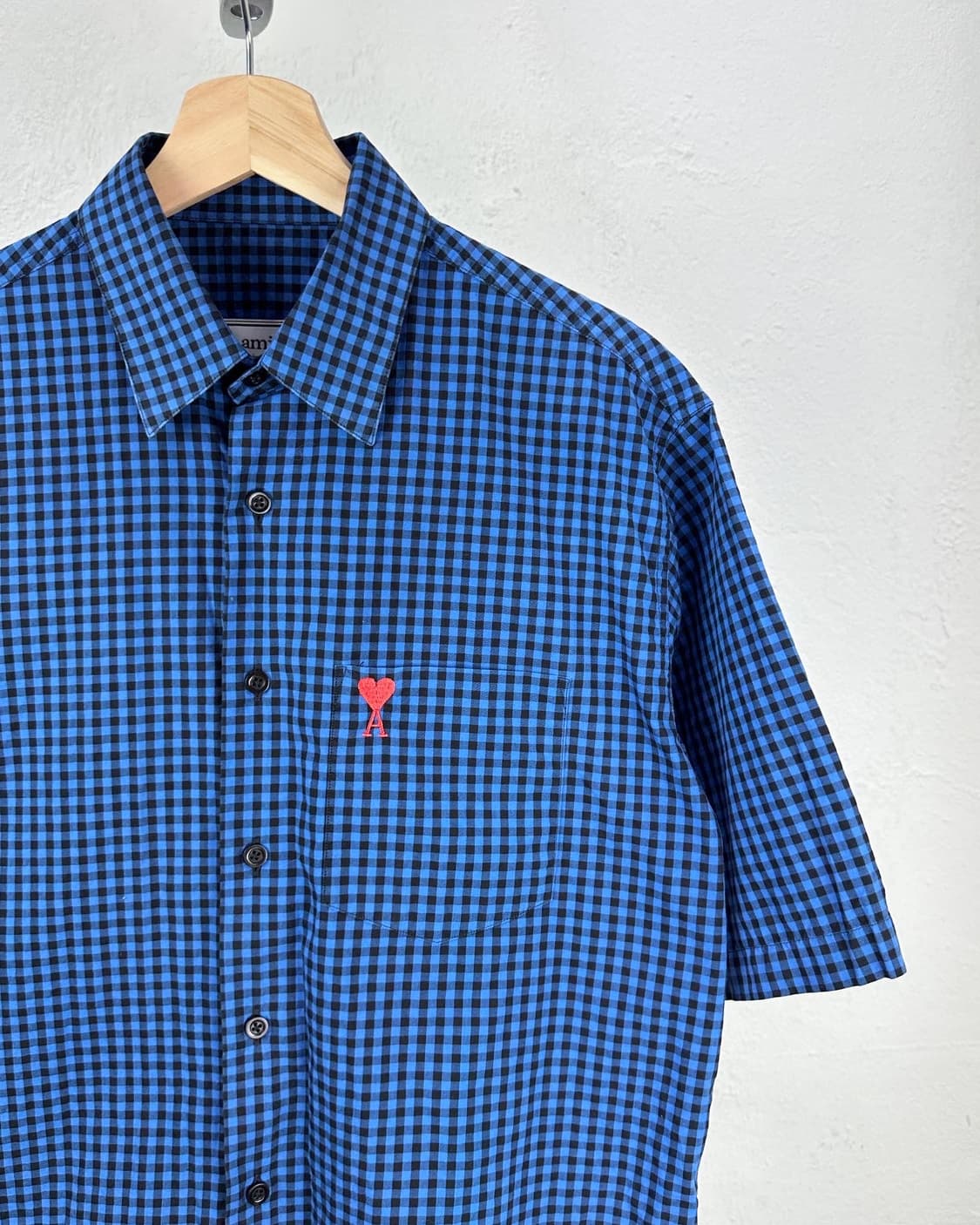 아미 블루 블랙 깅엄체크 로고 반팔 셔츠  상품이미지3