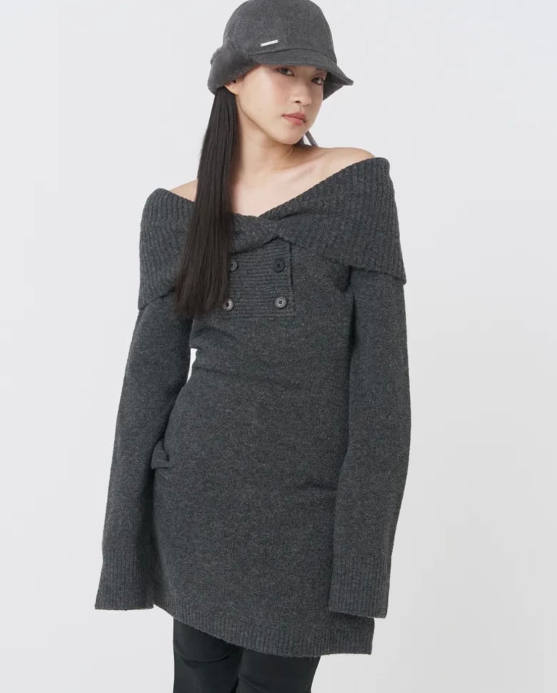 [아이브레이 착용]미세키서울 더블 니트 버튼 원피스 차콜 상품이미지1