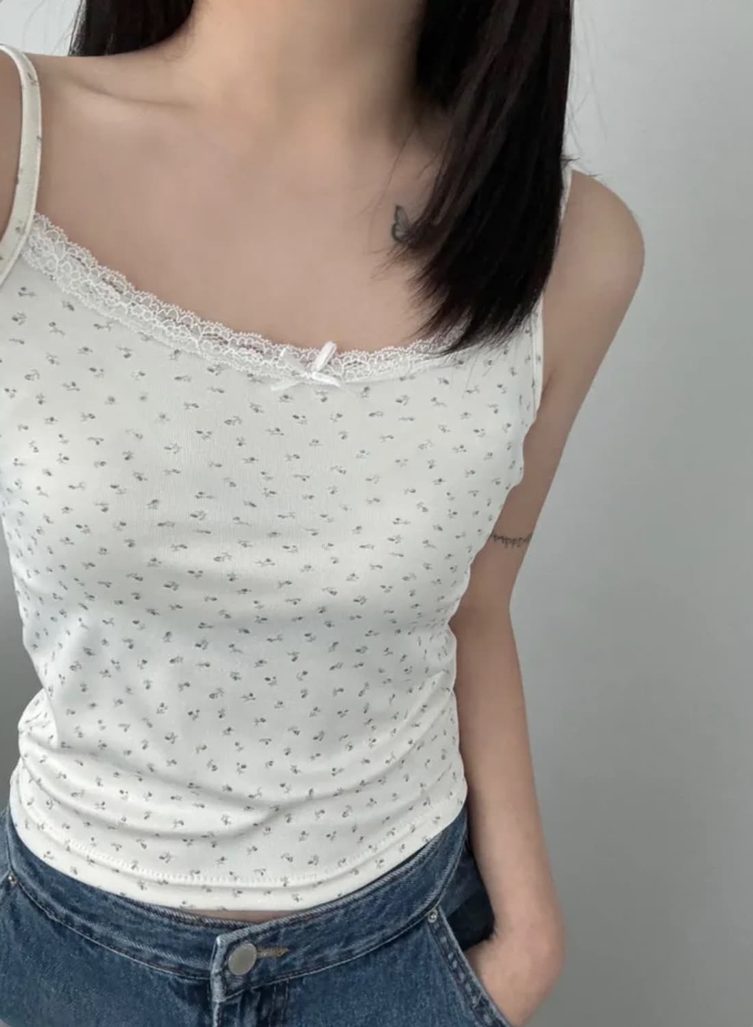네이비 블루 잔꽃 레이스 리본 슬리브리스 나시 이너 모리걸 러블리 페어리 상품이미지3