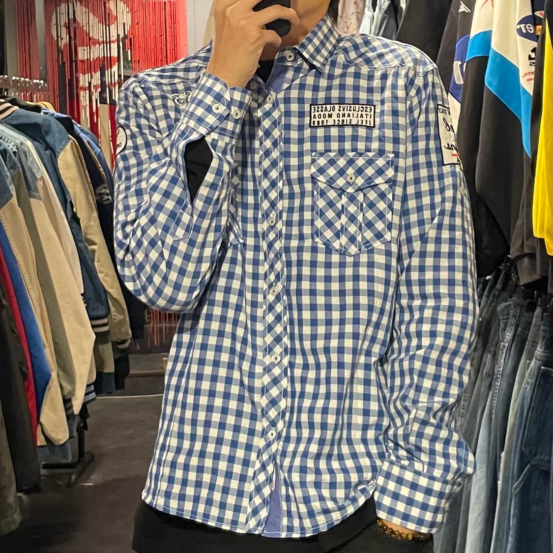 [IM] vtg 레트로 블루 체크 커스텀 패치 셔츠 상품이미지4