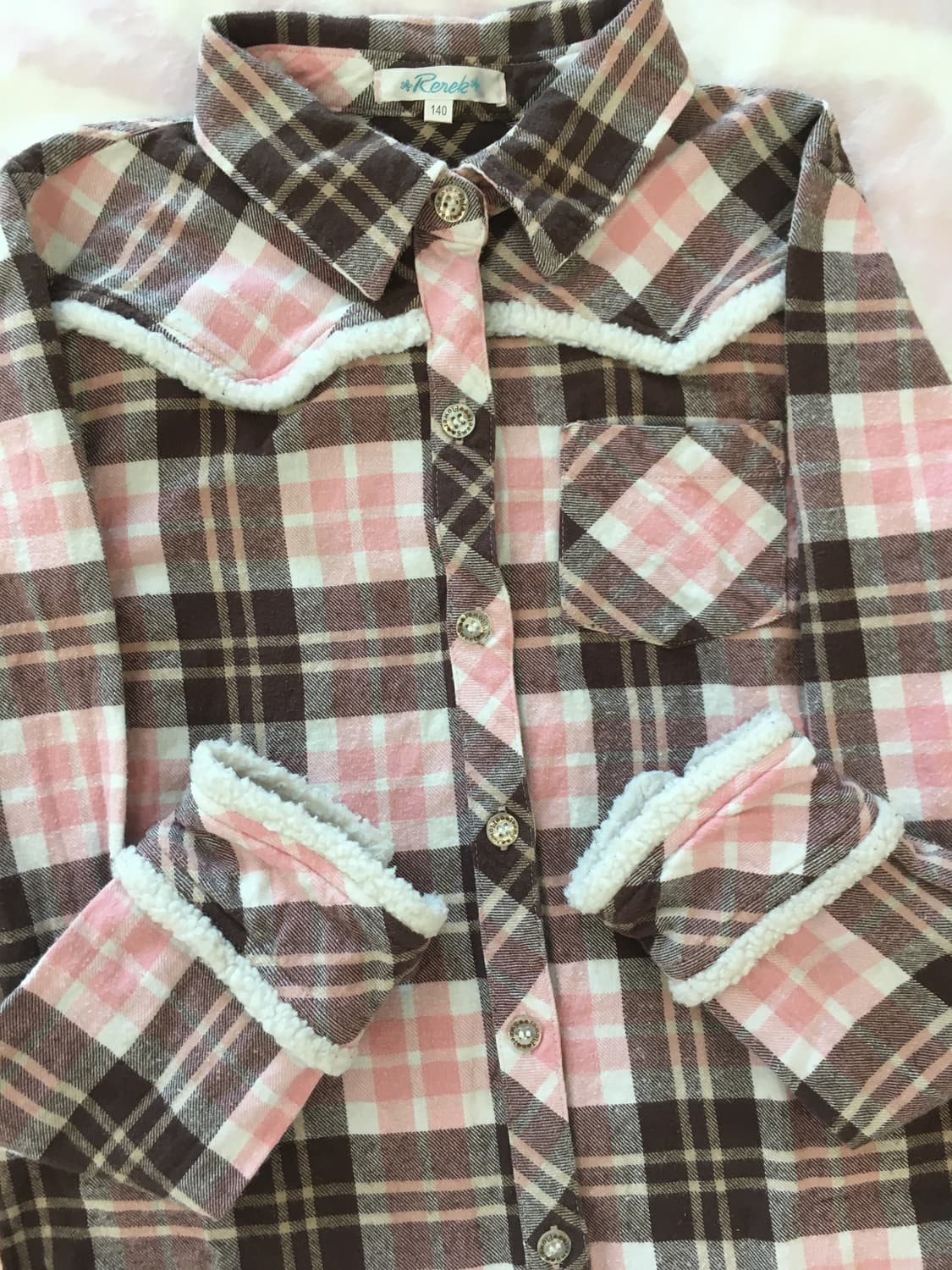 딸기초코 깅엄체크 퍼 셔츠 라떼갸루 모리걸 상품이미지4